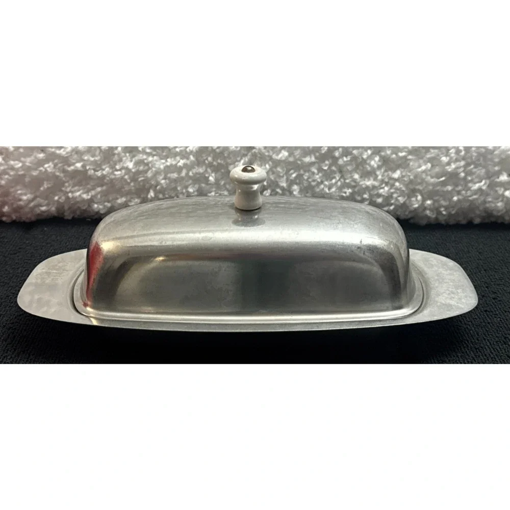 Vintage MCM Strata Sheffield USA Stainless Steel Butter Dish w/ Lid